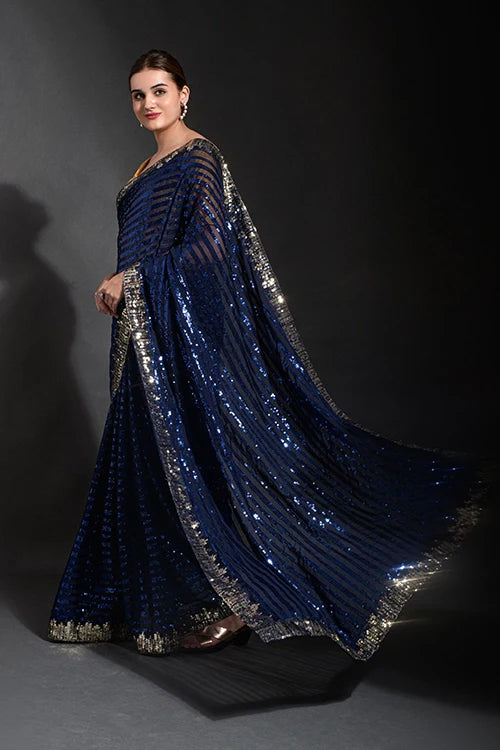 Beautiful Blue Georgette Saree with Embroidery Lace Border