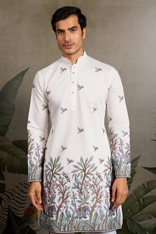 White Embroidered Work Kurta for Groom Wedding Look