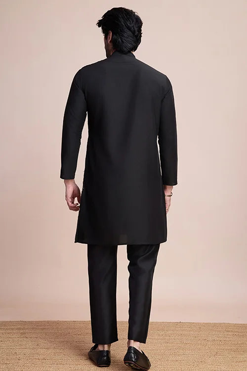 Traditional Black Silk Kurta With Thread Work