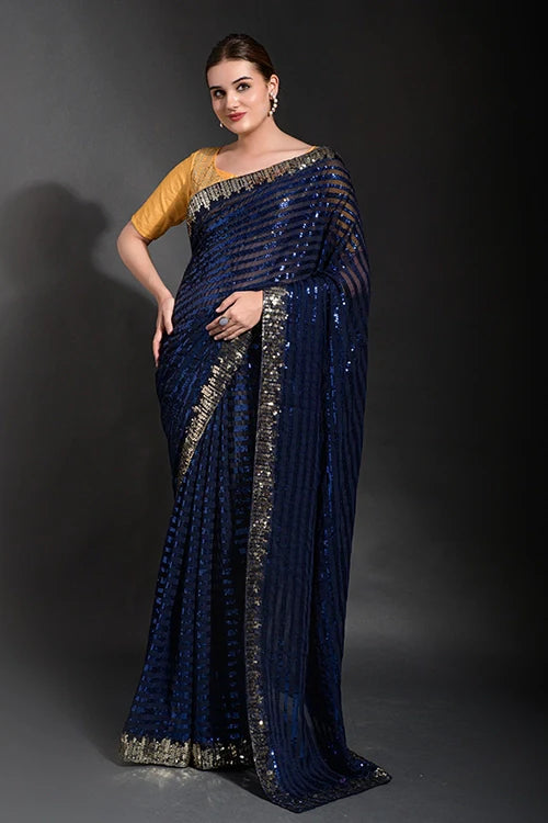 Beautiful Blue Georgette Saree with Embroidery Lace Border