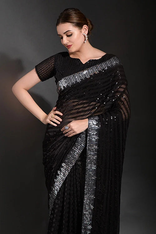 Stunning Black Georgette Saree with Cutwork Lace