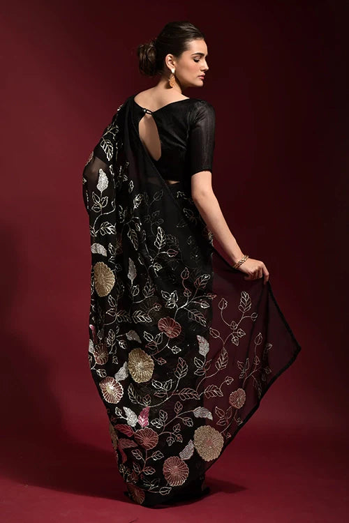 Black Georgette Partywear Saree with Thread Embroidery