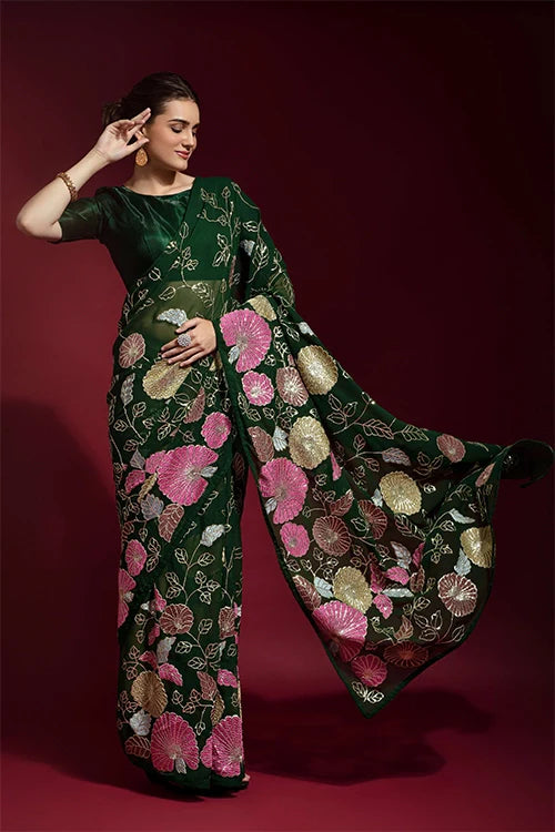 Stylish Green Georgette Saree with Thread Work