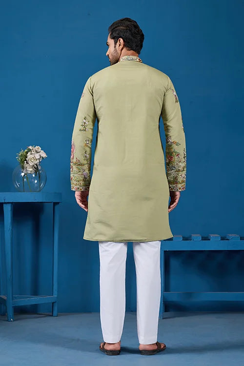 Traditional Pista Green Embroidered Kurta for Men
