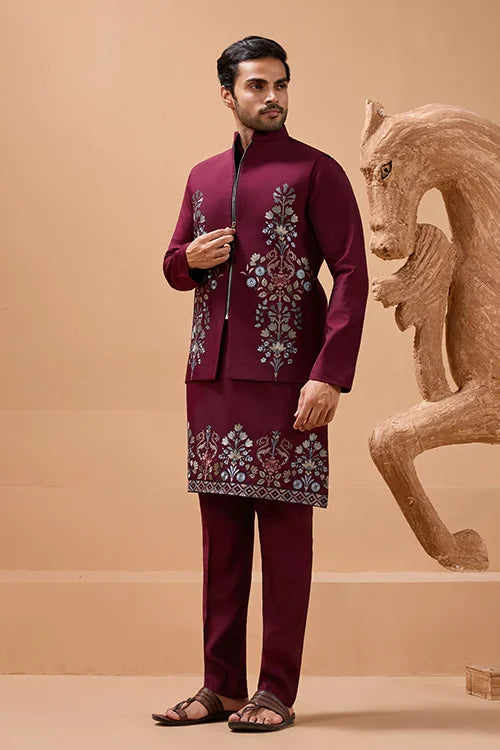 Maroon Color Traditional Special Koti Kurta Set for Men's Wear