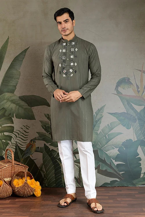 Premium Olive Green Mirror Work Kurta with Dupatta for Occasions
