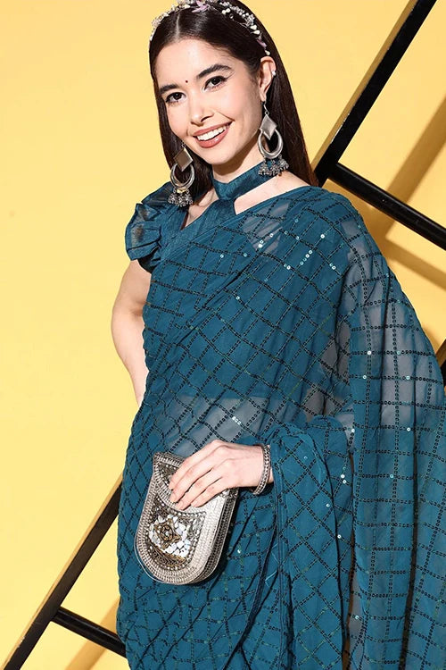 Stylish Petrol Georgette Saree for Weddings