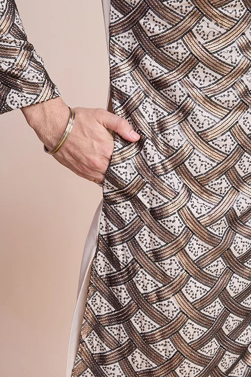 Stylish Beige Men's Kurta with Intricate Thread Detailing