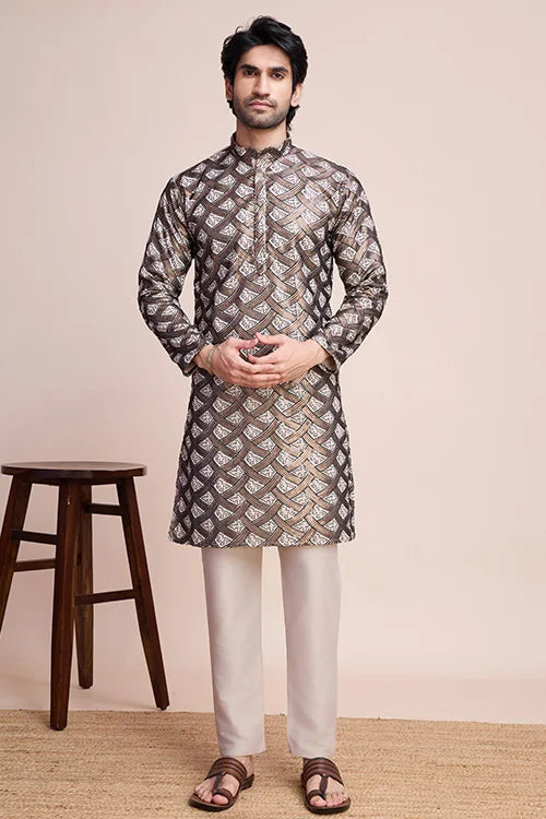 Designer Beige Silk Kurta For Men - Festival Ready Wear