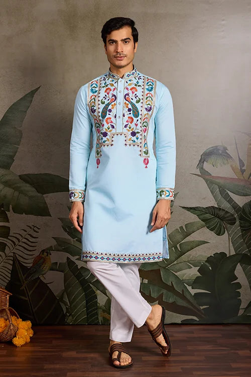 Premium Sky Blue Embroidered Mens Kurta for Celebrations