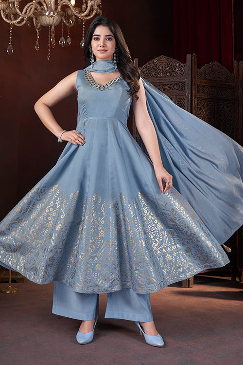 Sky Color Roman Silk Foil Printed Festival Salwar Suit