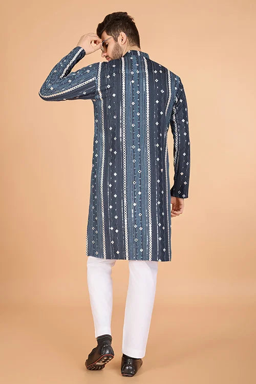Grey Sequence with Mirror Foil Embroidered Mens Wear Kurta