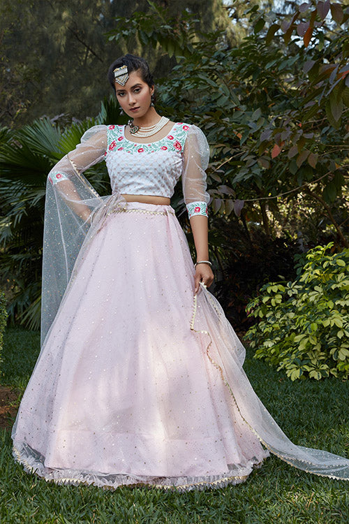 Pretty Pink Net Metallic Foil Work Lehenga Choli
