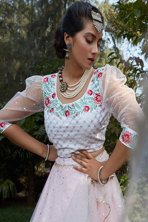 Pretty Pink Net Metallic Foil Work Lehenga Choli