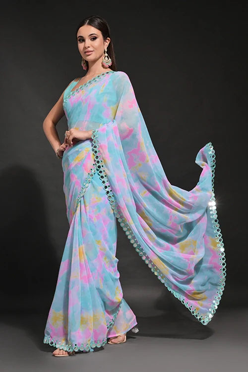 Prizam Print Heavy Georgette Saree with Mirror Work
