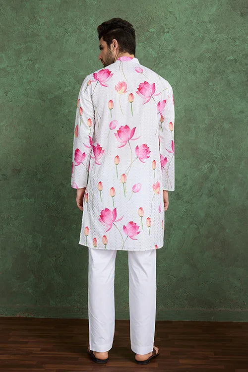 Buy Ethnic Style White & Pink Designer Kurta for Men