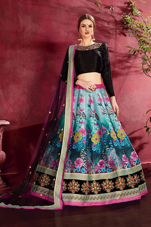 Printed Women Collection Lehenga Choli With Dupatta Black-Multi Colour