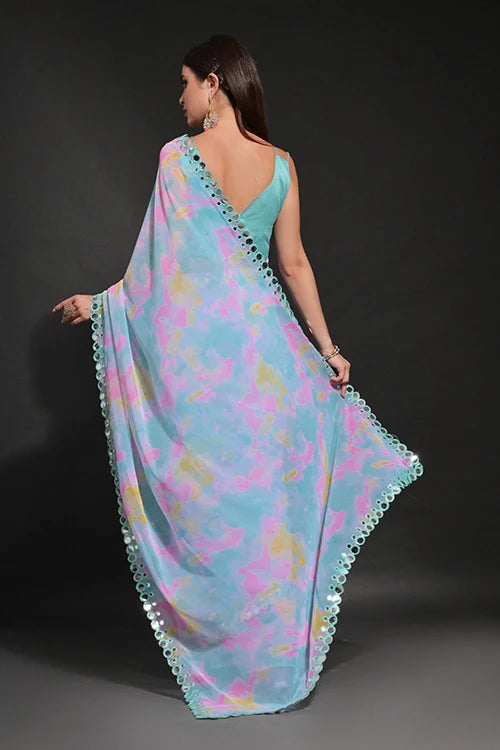 Prizam Print Heavy Georgette Saree with Mirror Work