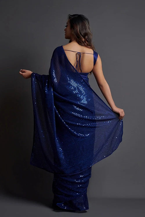 Blue Georgette Silk Saree with Embroidery Work