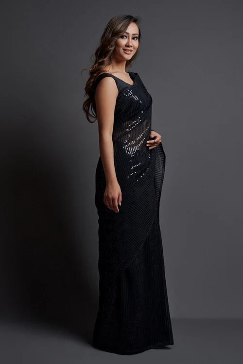 Bollywood Designer Black Georgette Silk Saree Online