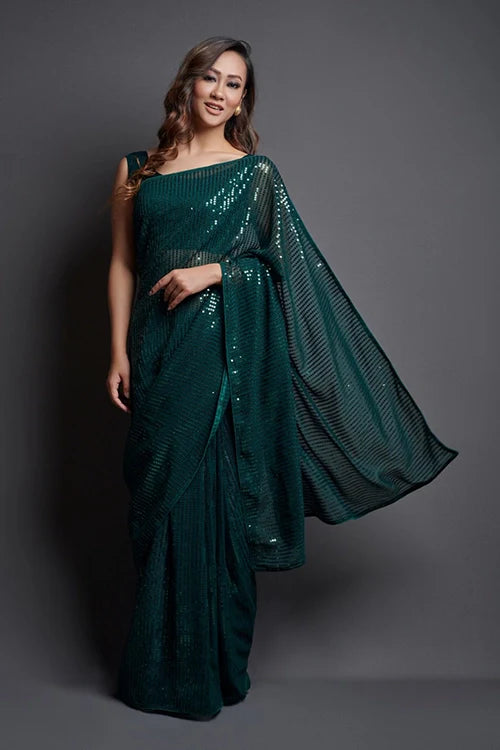 Green Bollywood Designer Saree with Embroidery Work