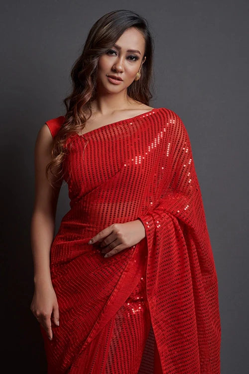 Bollywood Style Red Georgette Silk Saree with Blouse
