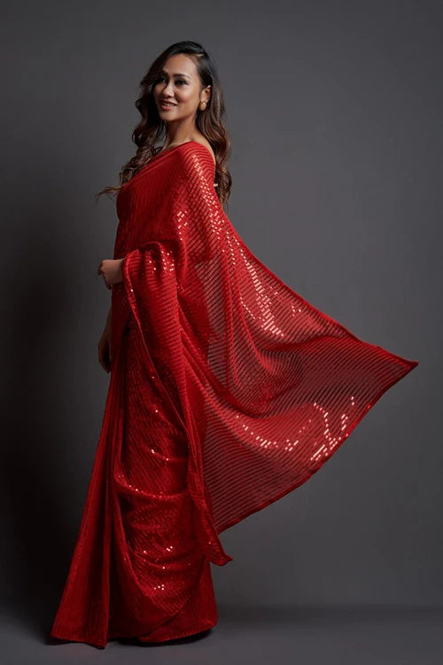 Bollywood Style Red Georgette Silk Saree with Blouse