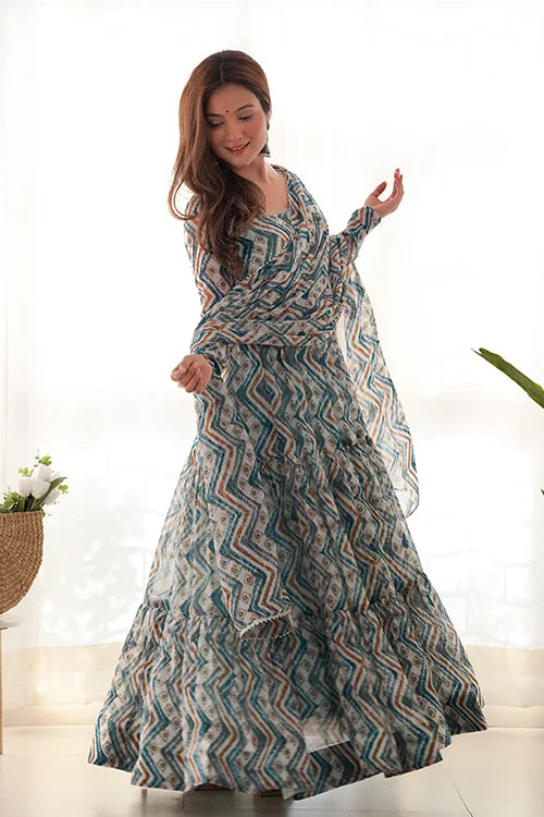 Light Blue Exclusive Gerogette Colorful Zigzag Print Anarkali Gown with Dupatta