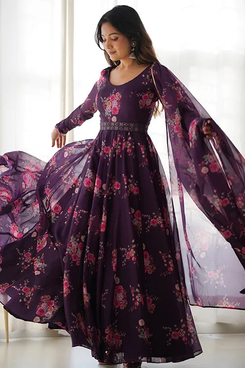 Buy Wine Color Floral Printed Organza Anarkali Suit Online