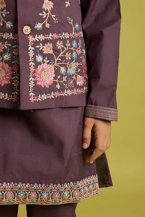 Premium Purple Kids Koti Kurta Pajama Set for Wedding Style