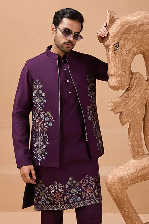 Vibrant Purple Color Koti Kurta Set Pair for Men Collection