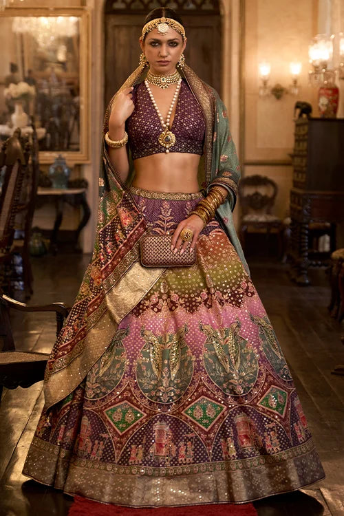 Exquisite Mirror Work Silk Purple Color Lehenga Choli