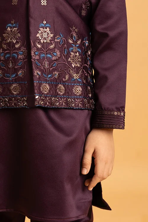 Purple Mirror Work Koti Kurta Set for Boys