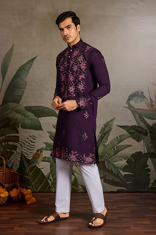 Designer Purple Mirror Work Kurta Set for Mens Wear