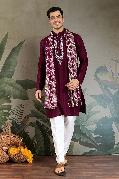 Designer Purple Men Kurta and Dupatta for Weddings