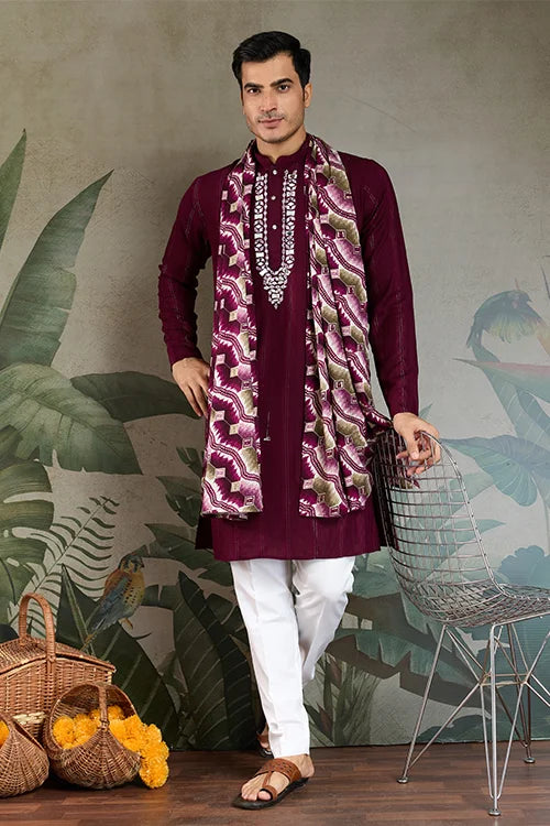 Designer Purple Men Kurta and Dupatta for Weddings