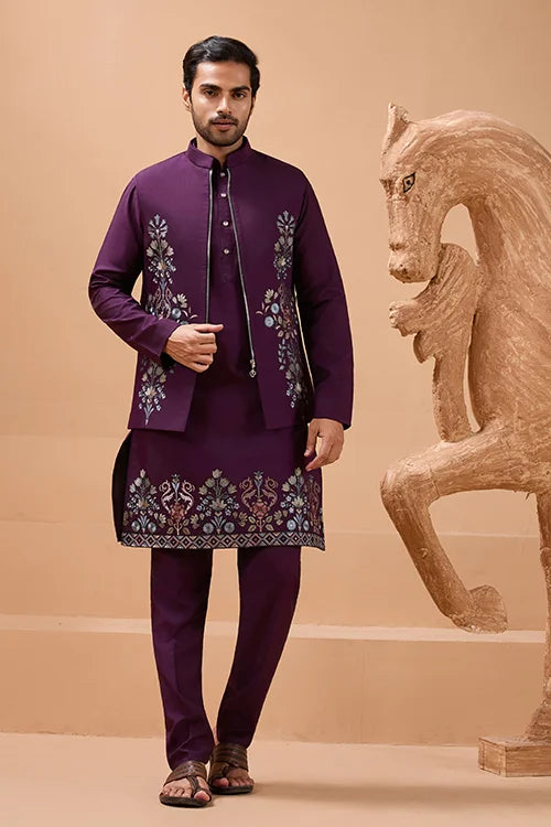 Vibrant Purple Color Koti Kurta Set Pair for Men Collection