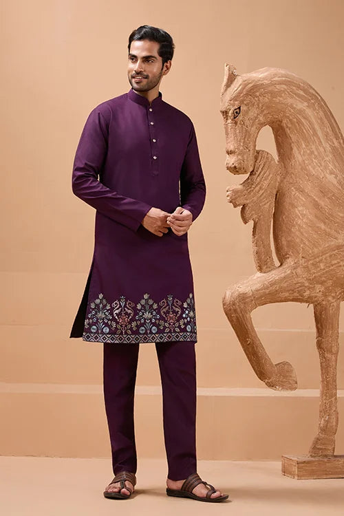 Vibrant Purple Color Koti Kurta Set Pair for Men Collection