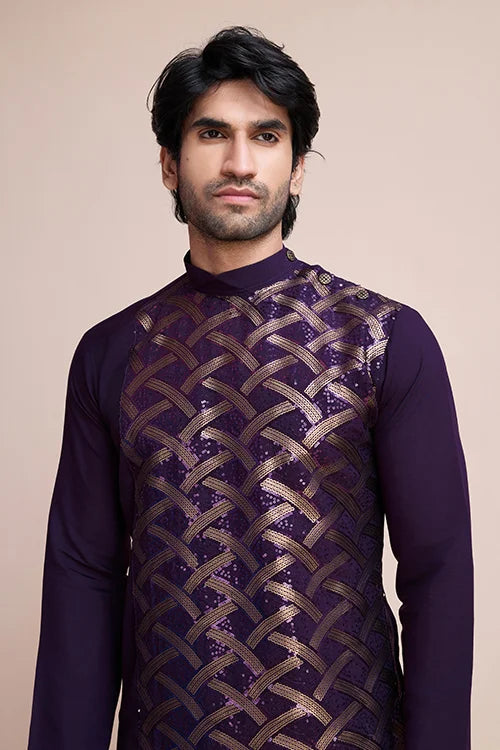 Traditional Purple Silk Kurta with Thread Work