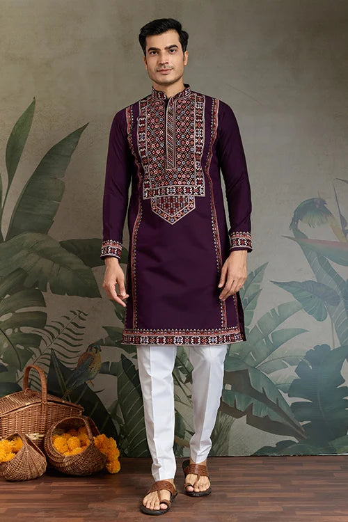 Engagement Special Purple Viscose Silk Outfit Kurta for Men