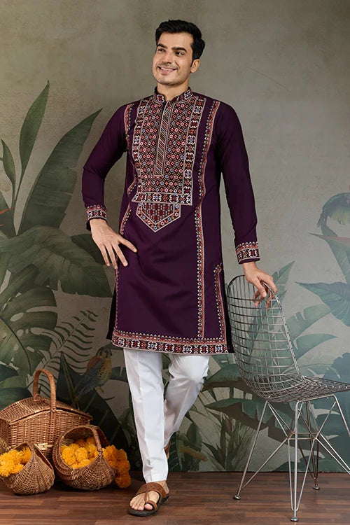 Engagement Special Purple Viscose Silk Outfit Kurta for Men