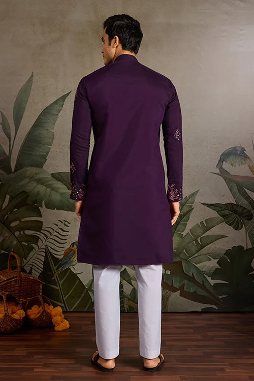 Designer Purple Mirror Work Kurta Set for Mens Wear