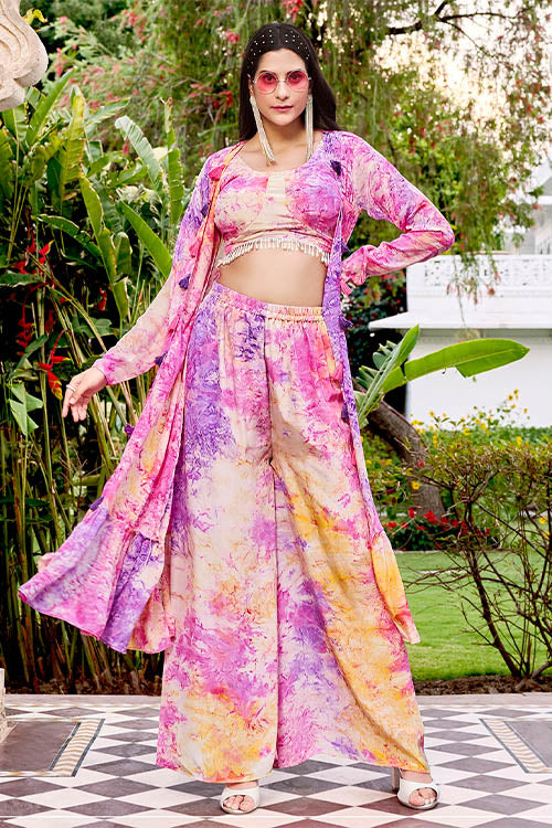 Purple Silk Print Work Three Piece Co-Ord Set