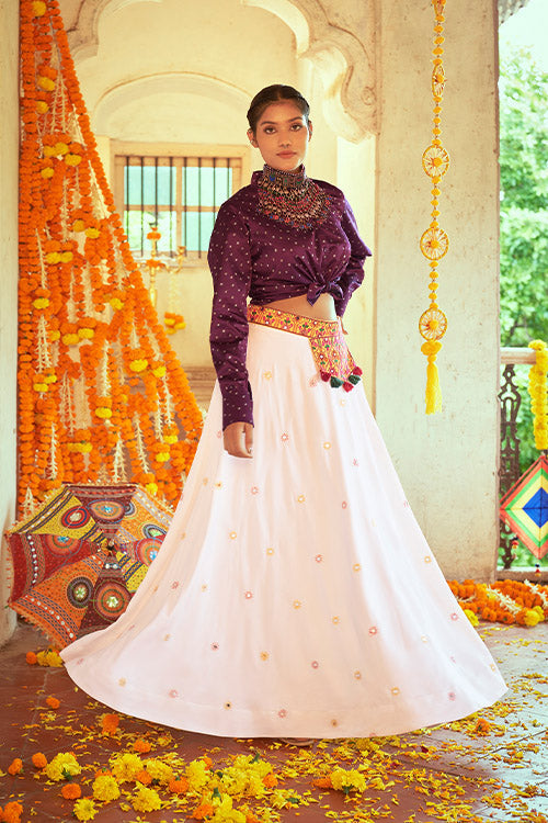 Purple Gajji Silk Prined Work Navratri Crop-Top Skirt