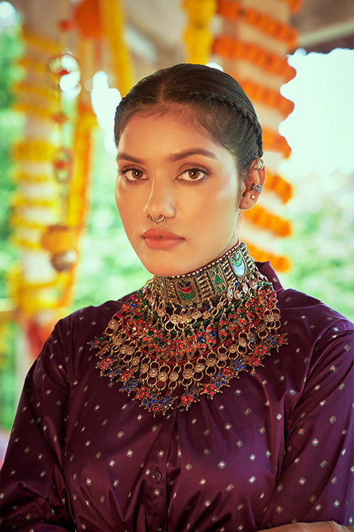 Purple Gajji Silk Prined Work Navratri Crop-Top Skirt