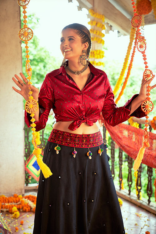 Maroon Gajji Silk Prined Work Navratri Crop-Top Skirt