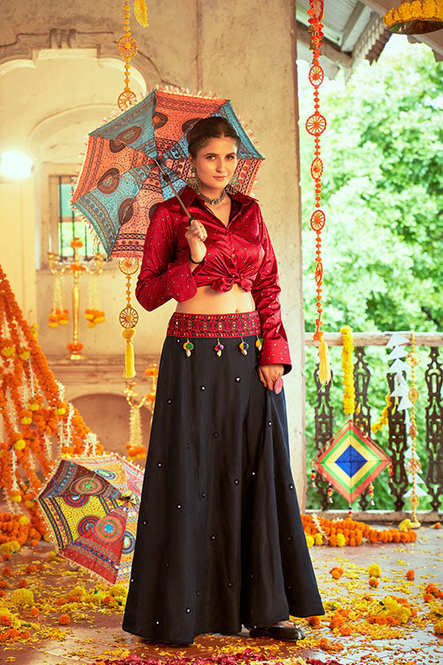 Maroon Gajji Silk Prined Work Navratri Crop-Top Skirt