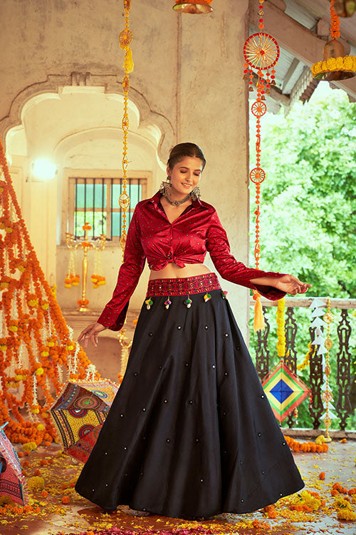 Maroon Gajji Silk Prined Work Navratri Crop-Top Skirt