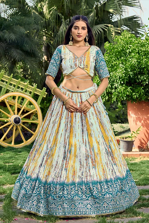 Rama Chinon Sequins Embroidered With Digital Print Work Lehenga Choli