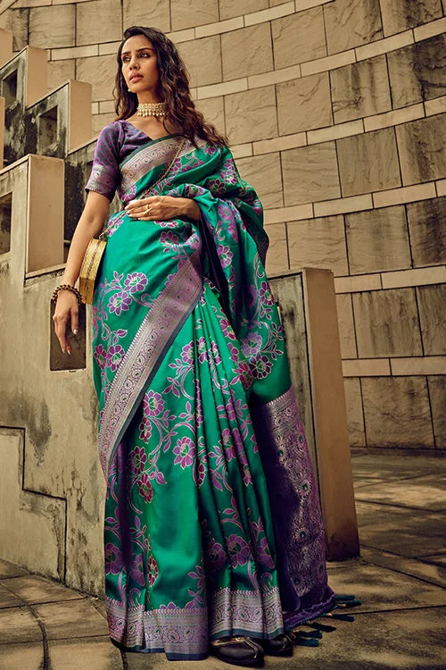 Rama Color satin Brasso Handwoven Silk Saree Collection